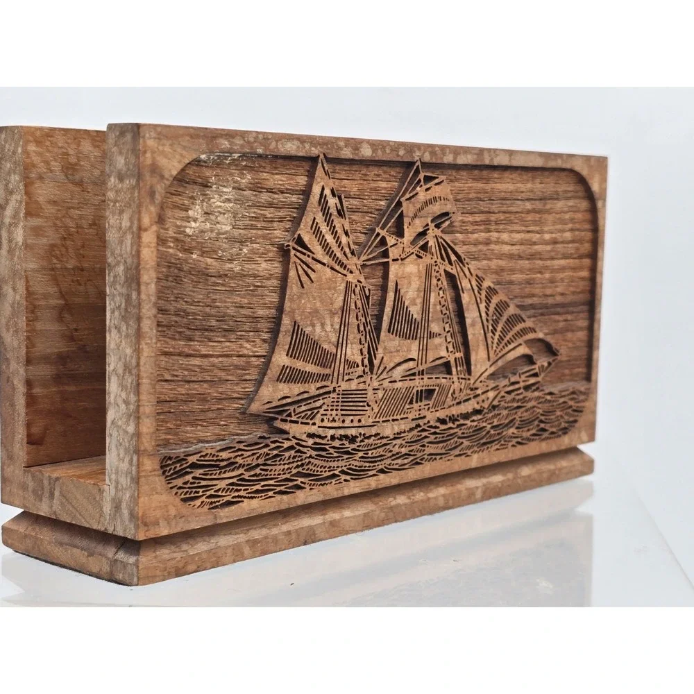 Vtg Y2K Lasercraft Walnut Napkin/Letter Holder Featuring Laser-Engraved Sailboat